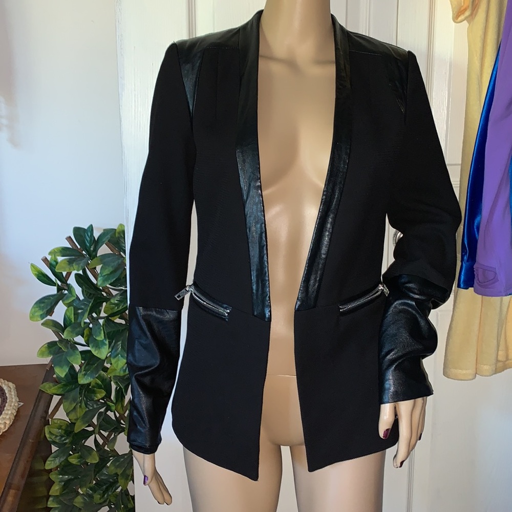 Y2K Black leather trim zippered biker sleeve WRAP blazer Coat Jacket XS S - Picture 5 of 16